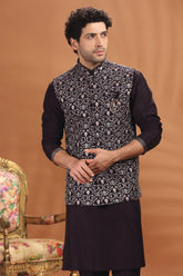 Wine Purple Silk Embroidered Kurta Pajama with Jacket